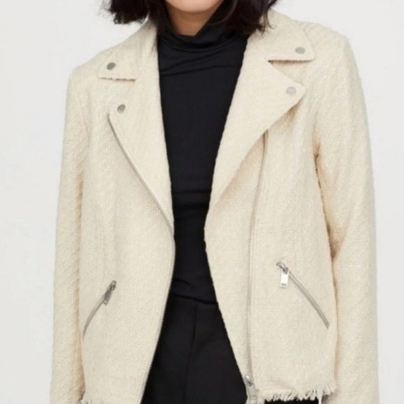H&M Cream Tweed Moto Jacket Raw Hem Cream Collar Full Zip Women’s Size 4 - Picture 2 of 6